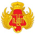 A red and gold logo with wingsDescription automatically generated
